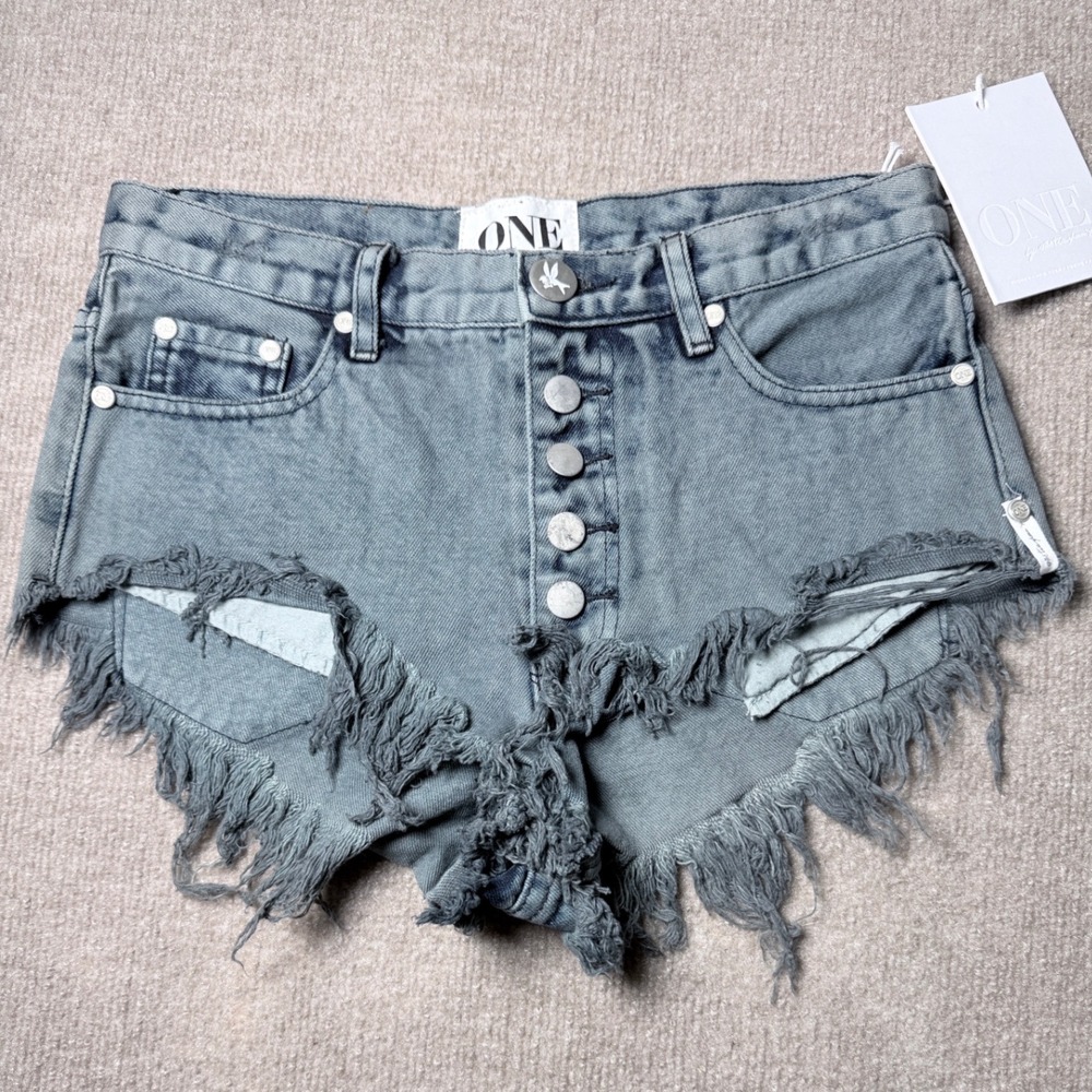 One Teaspoon Rollers Blue Distressed Shorts Raw Hem Button Fly NEW size 24